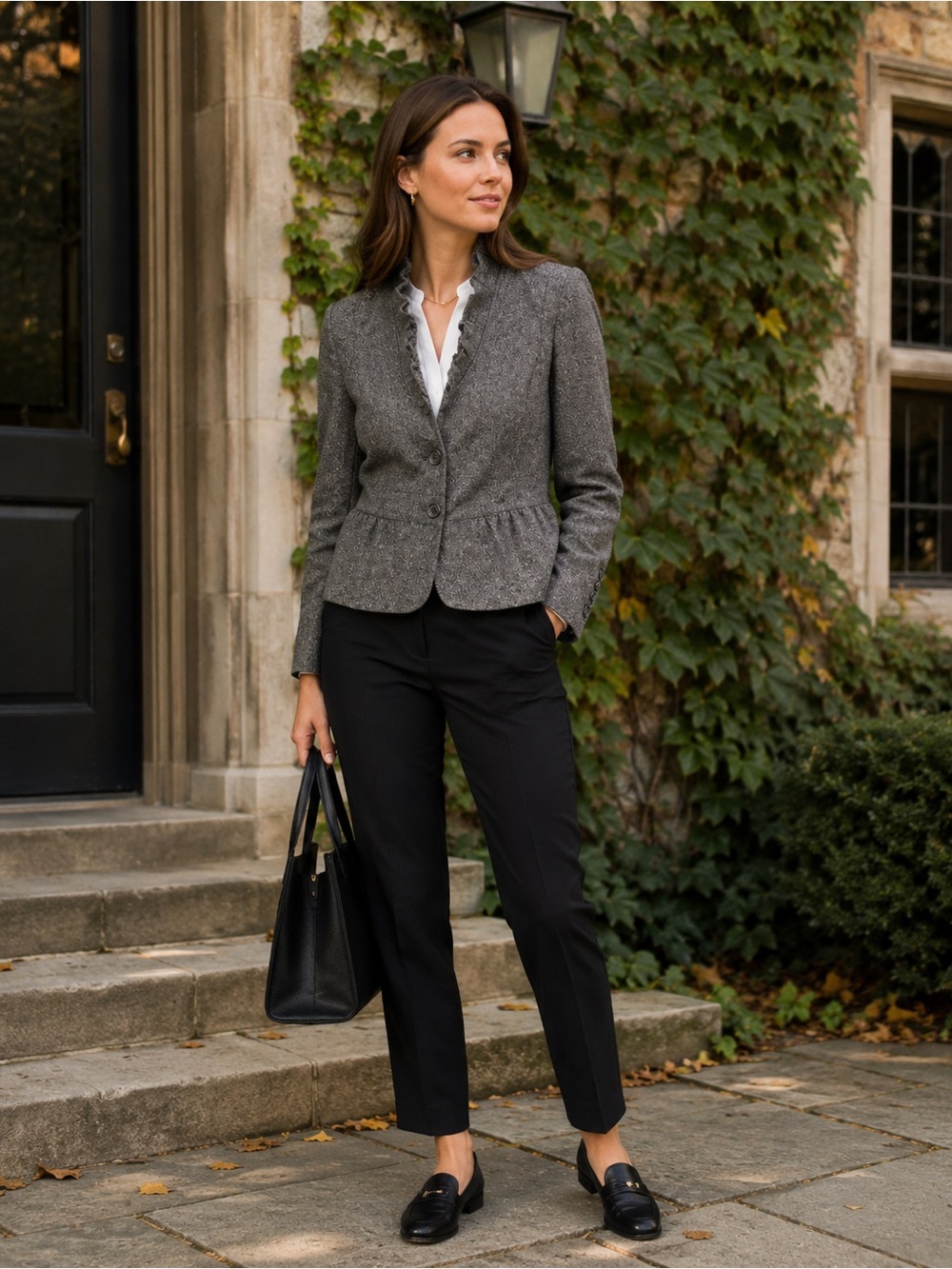 LOFT Wool Blend Ruffle Collar Peplum Blazer Jacket Size 0 Gray Tweed
